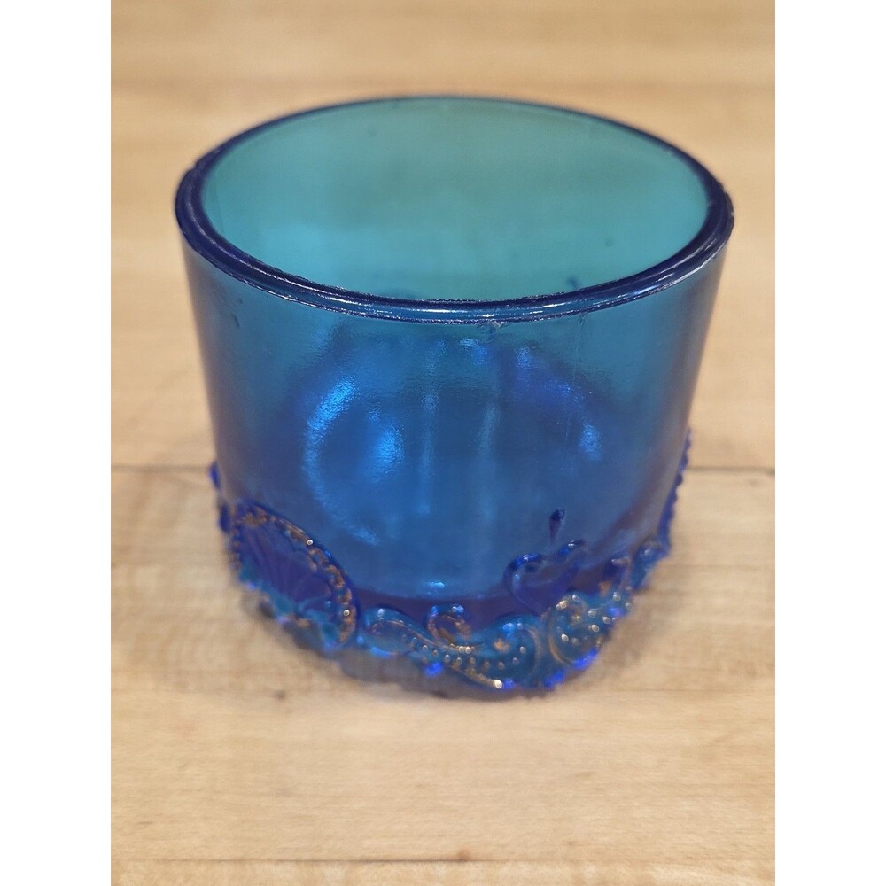 Vintage L G Wright Blue Glass Jeweled Heart Pattern Toothpick Holder Cup